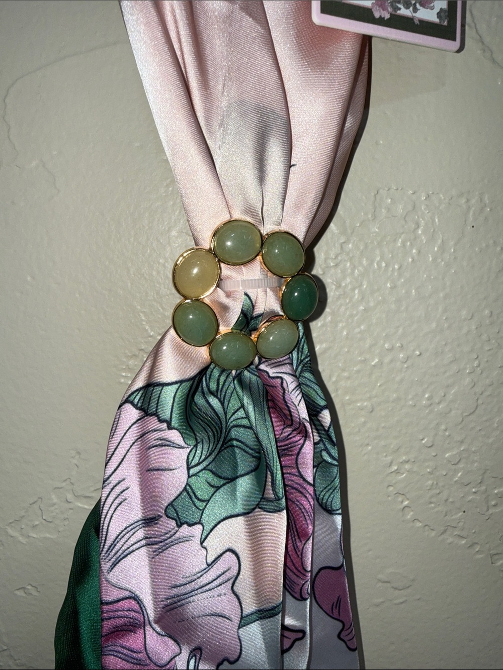 Silky Floral Scarf Twilly in Pink &‎ Green with Removable Jade Color Brooch. NWT